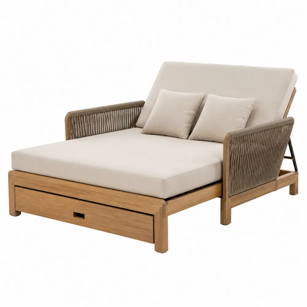 Chaise longue en bois d'acacia avec corde et coussins beiges
