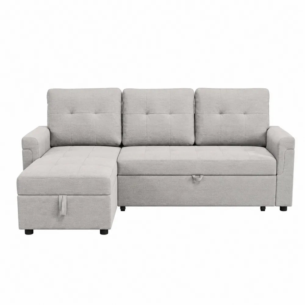 Canapé d'angle en tissu polyester gris clair avec méridienne et rangement