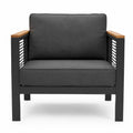 Fauteuil en métal noir et bois avec coussins en polyester gris