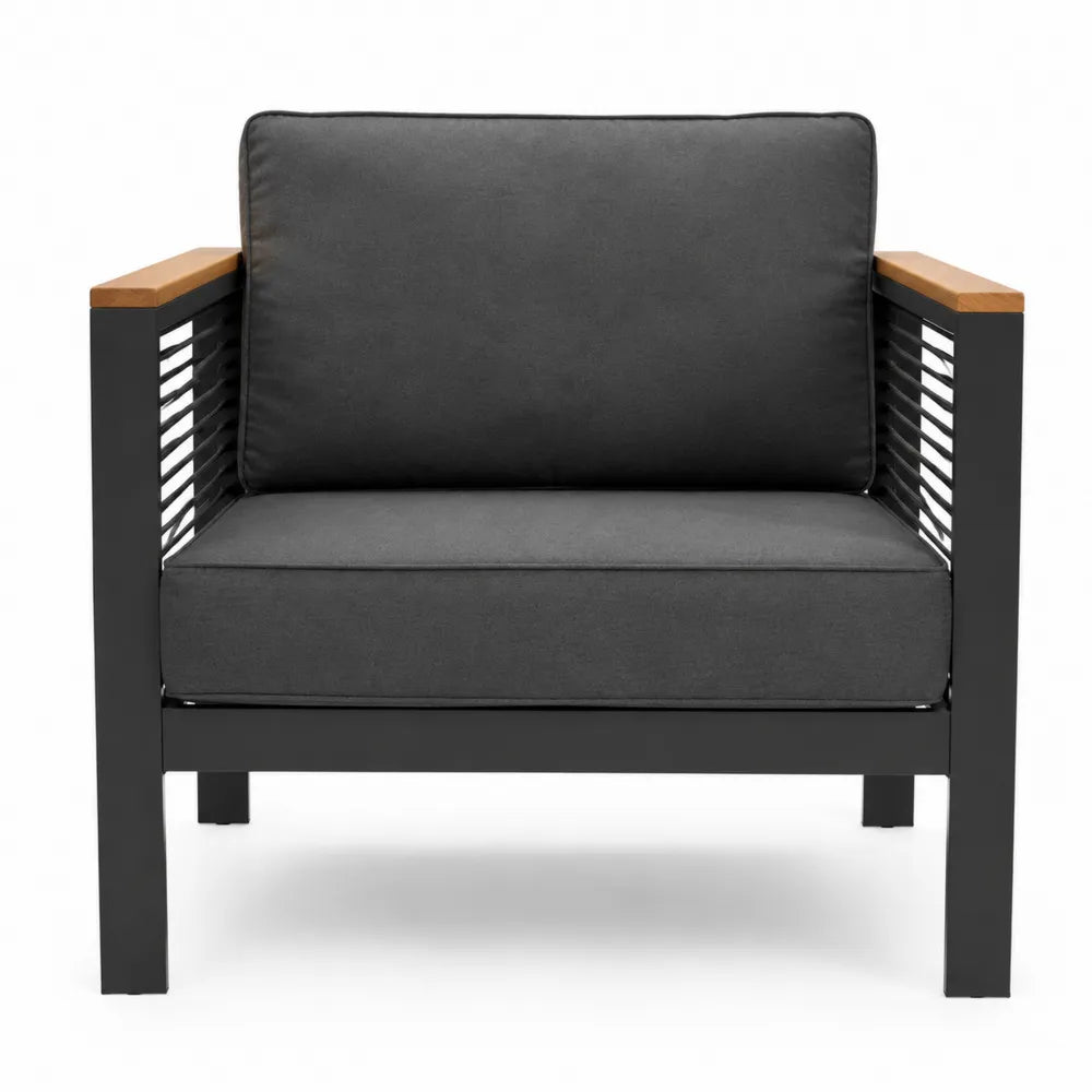 Fauteuil en métal noir et bois avec coussins en polyester gris