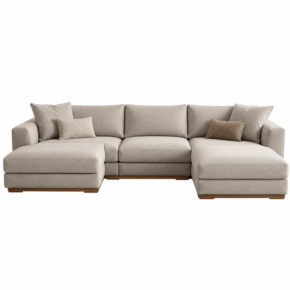 Canapé modulable en tissu beige avec méridiennes, structure en bois, 350 cm