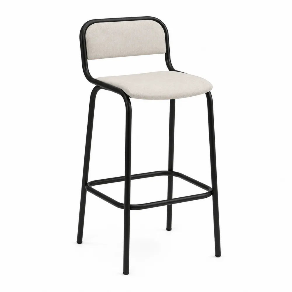 Tabouret de bar en métal noir avec assise en tissu polyester beige