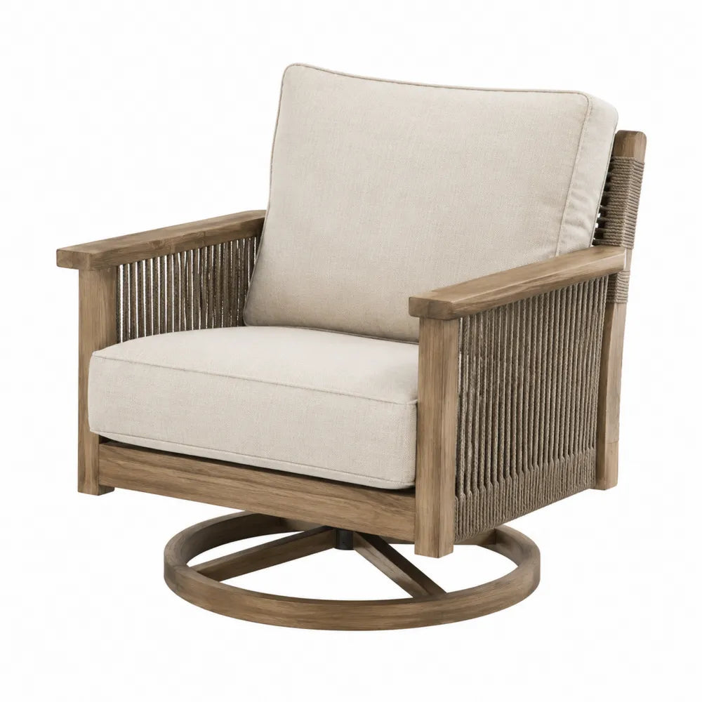 Fauteuil pivotant en bois avec corde et coussins beige en polyester