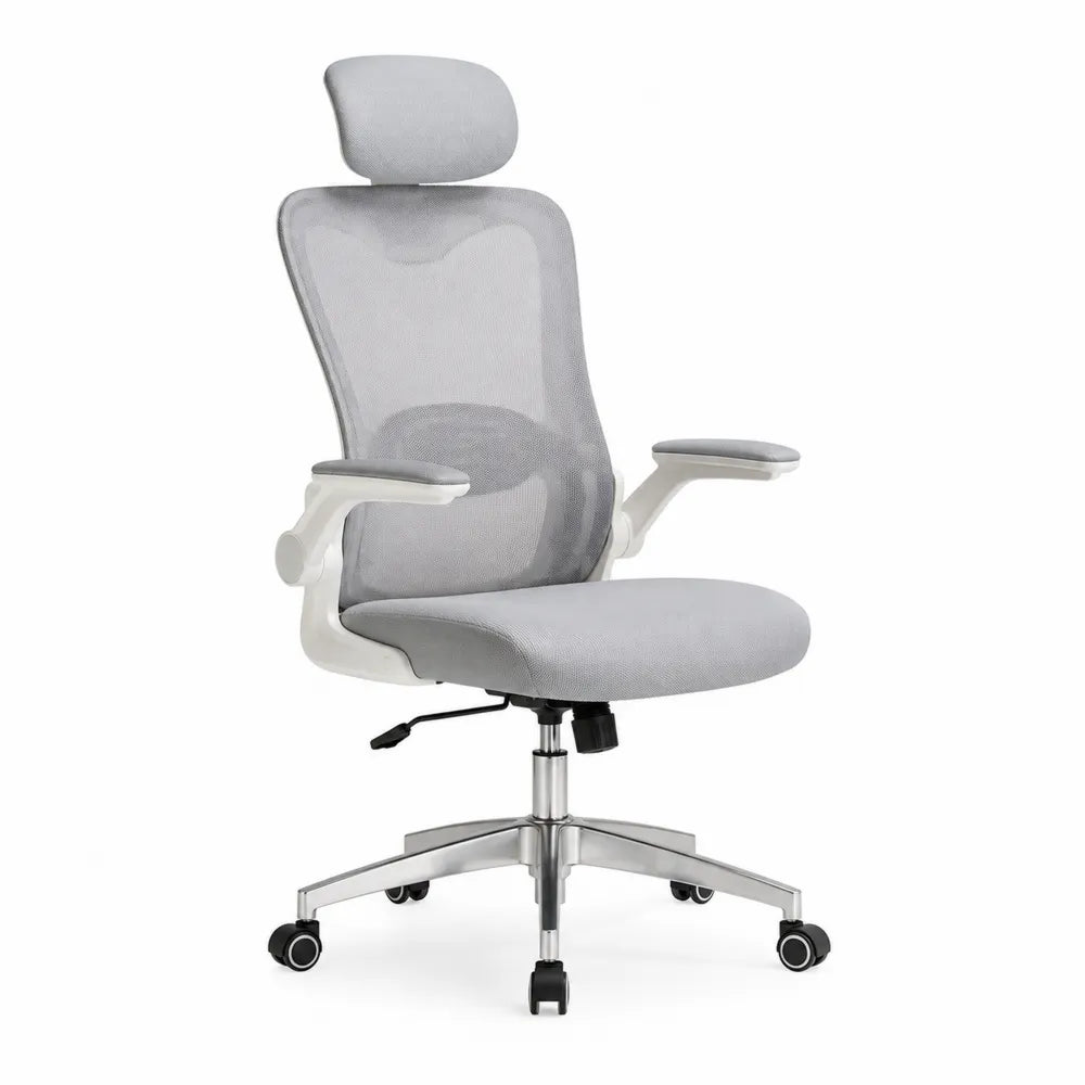 Chaise de bureau en maille polyester grise avec accoudoirs réglables et appui-tête