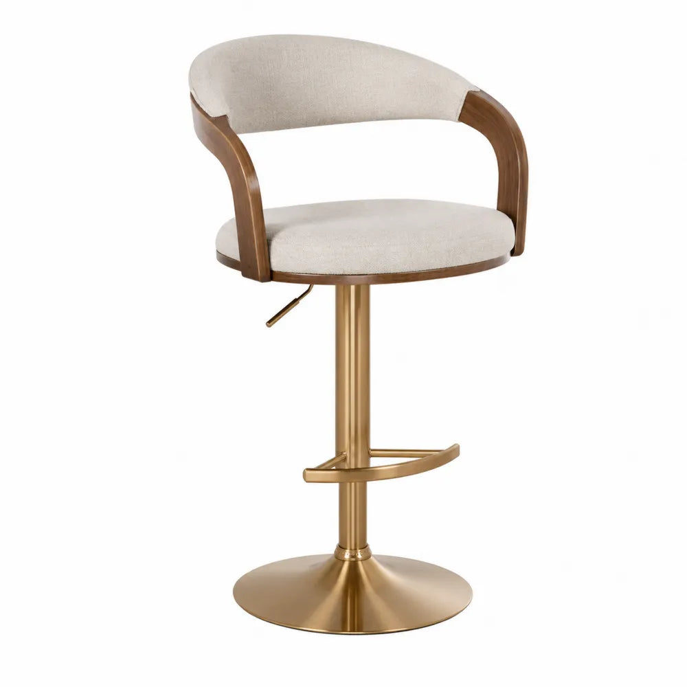 Tabouret de bar pivotant en bois avec siège en tissu beige et base dorée
