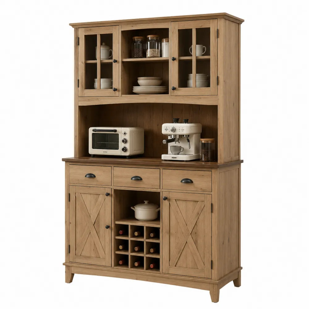 Buffet de cuisine en bois de pin marron avec portes en verre et casiers à vin