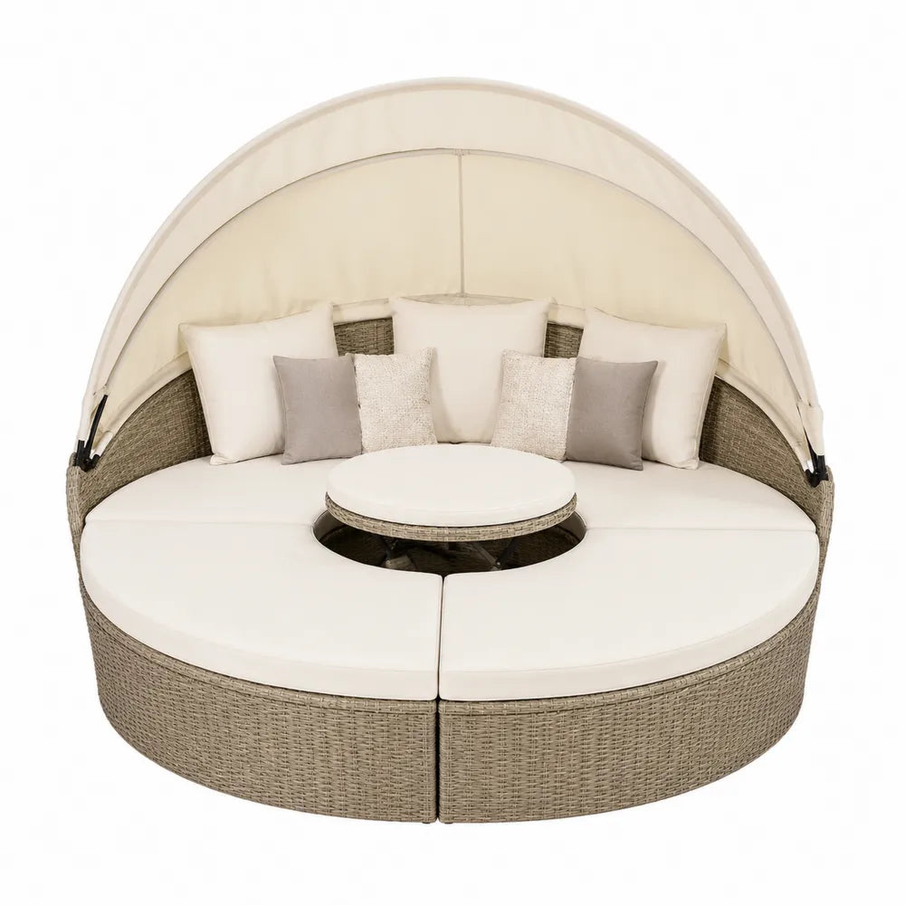 Lit de jardin rond en résine tressée avec coussins beige et gris, diameter 180 cm