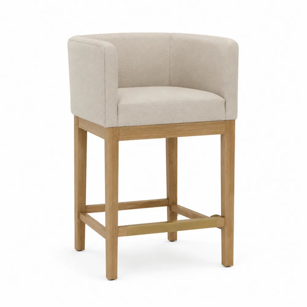 Tabouret de bar en bois et tissu polyester beige avec dossier arrondi