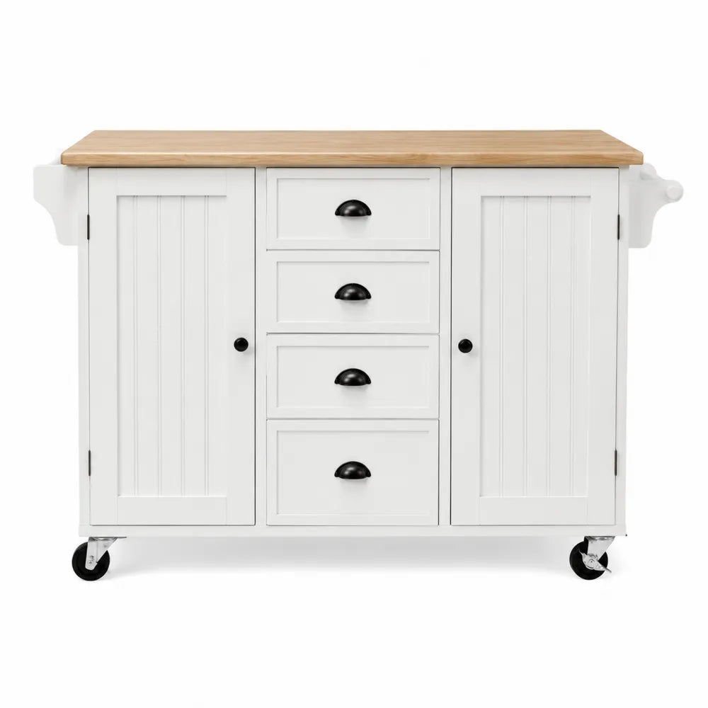 Chariot de Cuisine en Bois et MDF Blanc avec Plateau en Chêne