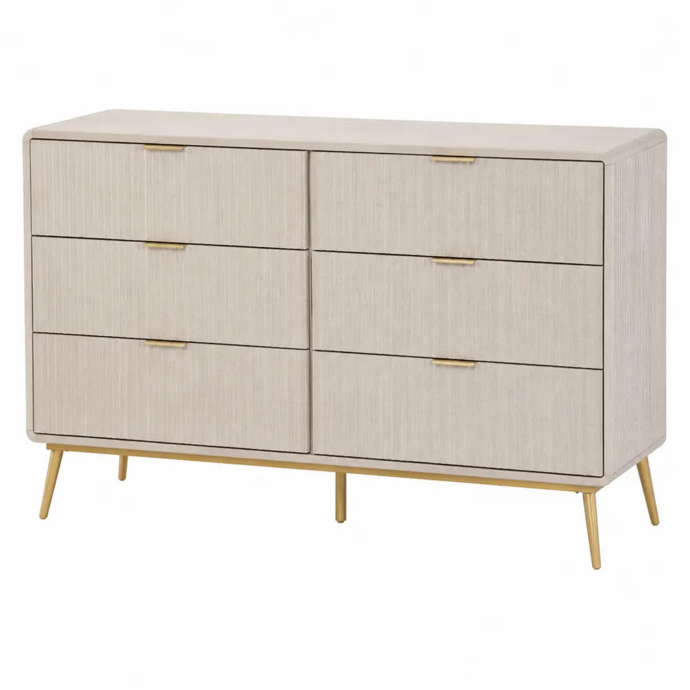 Commode à 6 tiroirs en bois clair avec pieds métalliques dorés