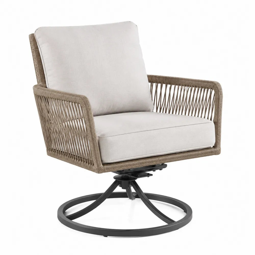 Fauteuil pivotant d'extérieur en corde et aluminium avec coussins beiges