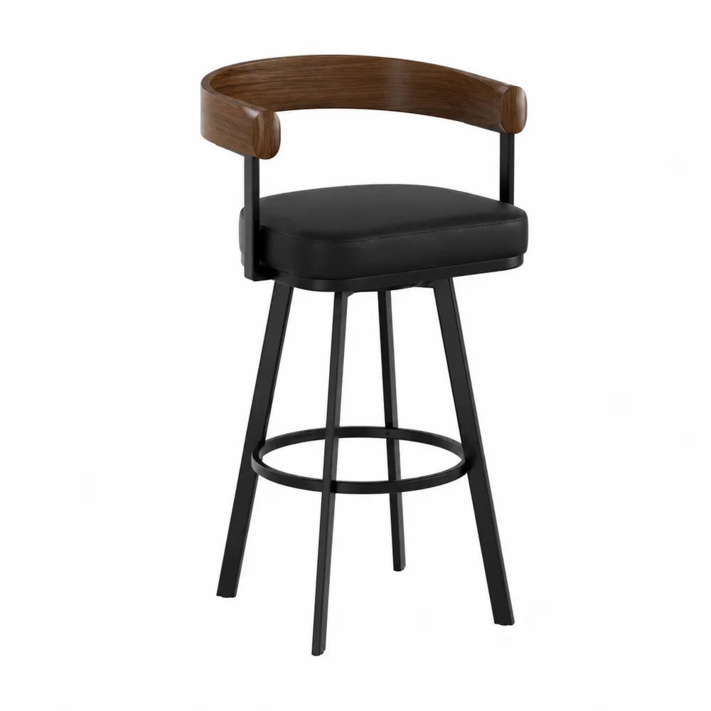 Tabouret de bar en bois et métal noir avec dossier en simili cuir