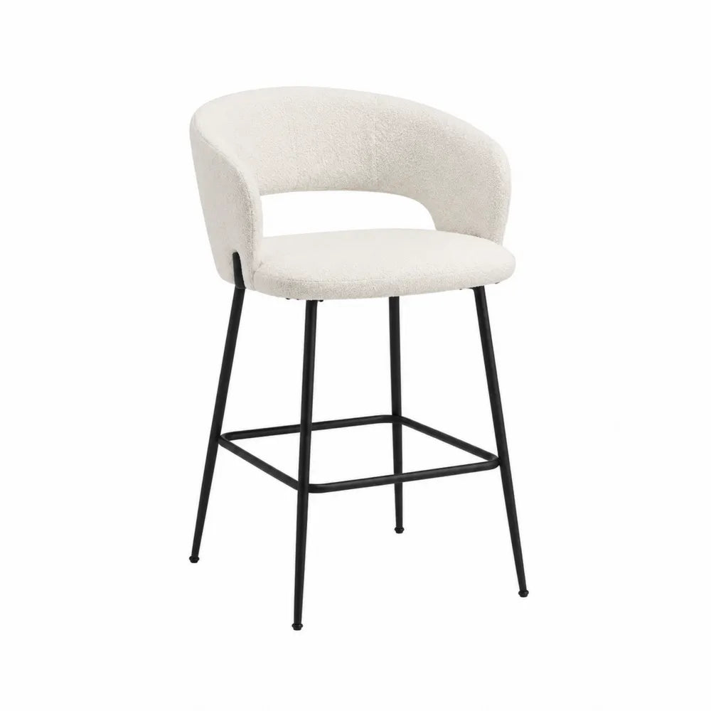 Chaise de bar en tissu bouclé blanc avec pieds en métal noir