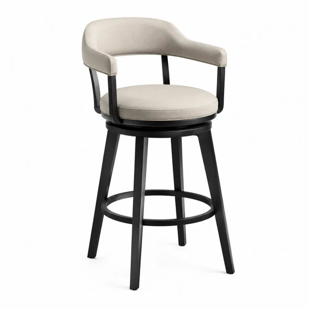 Tabouret de bar pivotant en bois massif et polyester beige/noir avec repose-pieds 110 cm