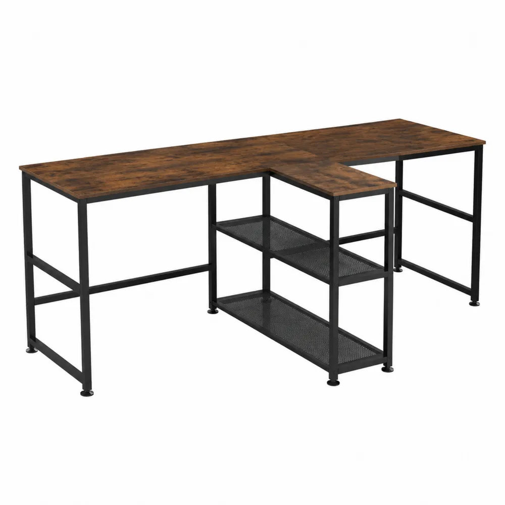 Bureau d'angle en bois avec étagères en métal
