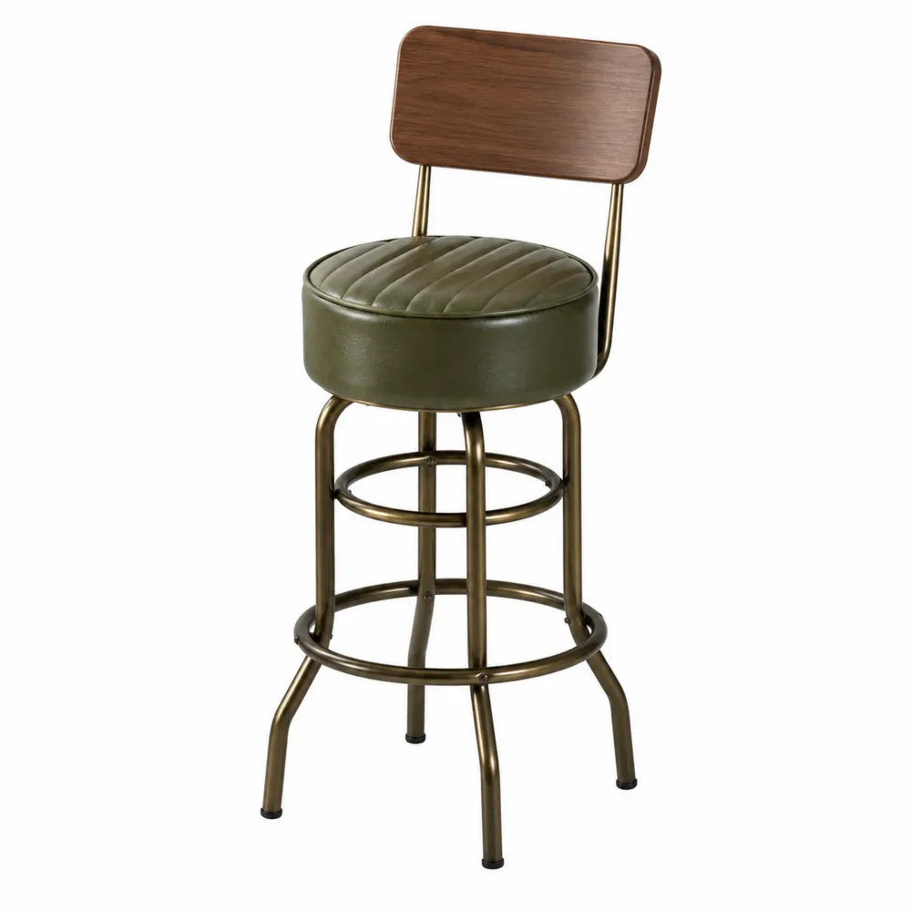 Tabouret de bar en bois et similicuir vert avec structure en acier