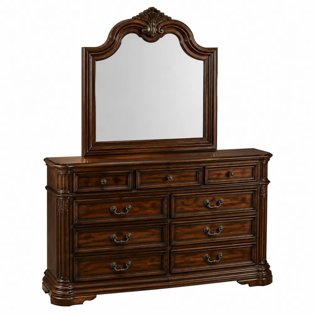 Commode en bois avec miroir et 9 tiroirs en bois brun