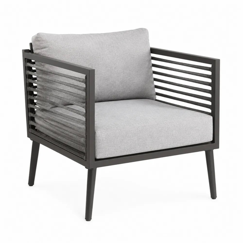 Fauteuil en aluminium avec coussins en tissu gris