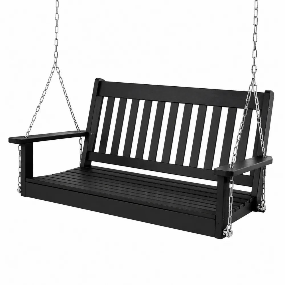 Balancelle d'extérieur en bois noir avec chaînes en acier inoxydable