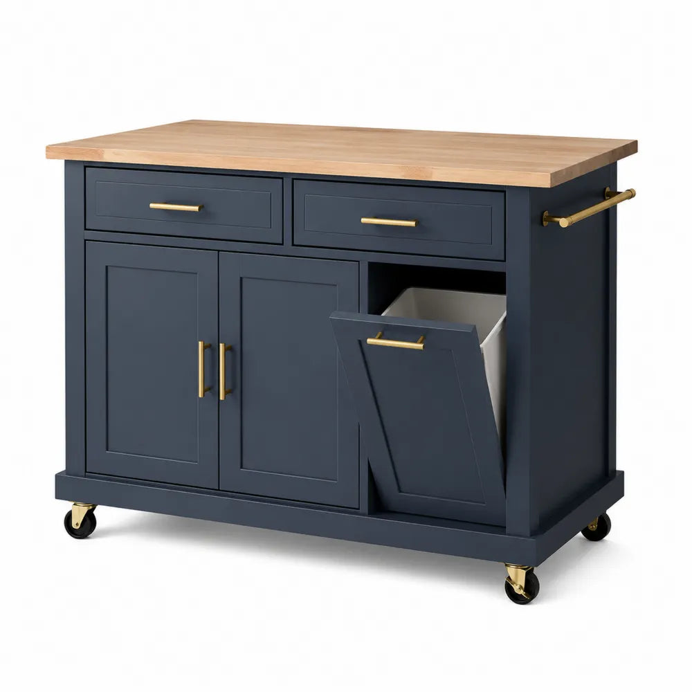 Chariot de cuisine en bois et métal avec roulettes, bleu marine