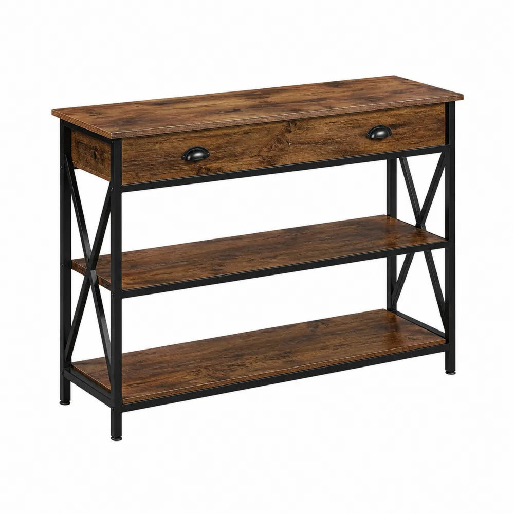 Console en bois et métal avec tiroir et étagères 101 cm