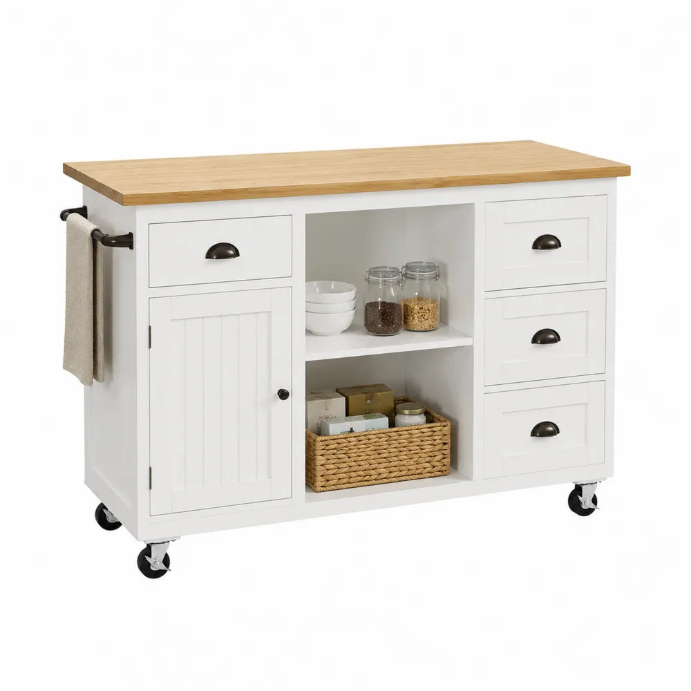 Chariot de cuisine en bois avec plateau en bambou et roulettes, 120 cm