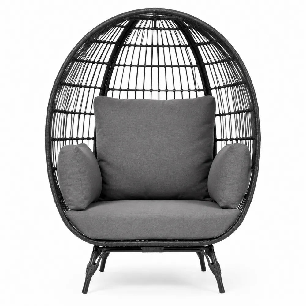 Fauteuil œuf en résine tressée avec coussins gris